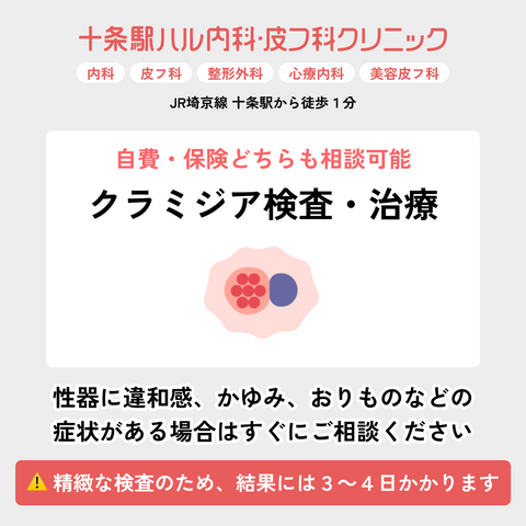十条駅ハル内科・皮フ科クリニック｜クラミジア検査・治療｜自費・保険どちらでも相談可能