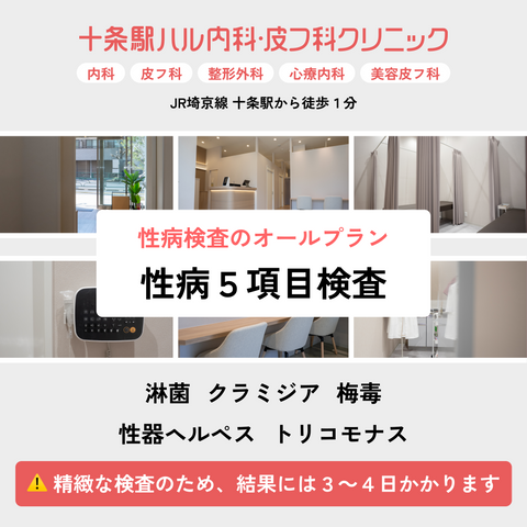 十条駅ハル内科・皮フ科クリニック（内科・皮膚科・整形外科・心療内科・美容皮膚科）｜性病５項目検査（淋病・クラミジア・梅毒・ヘルペス・トリコモナス）